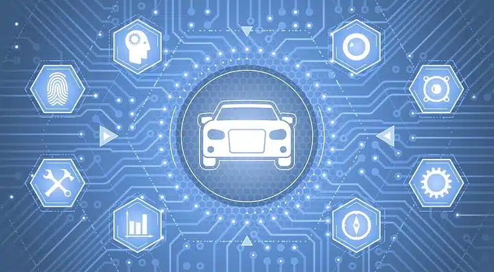 cartoon car surrounded by data points