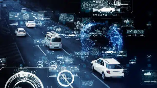 cars driving on a motorway with analytics data surrounding them